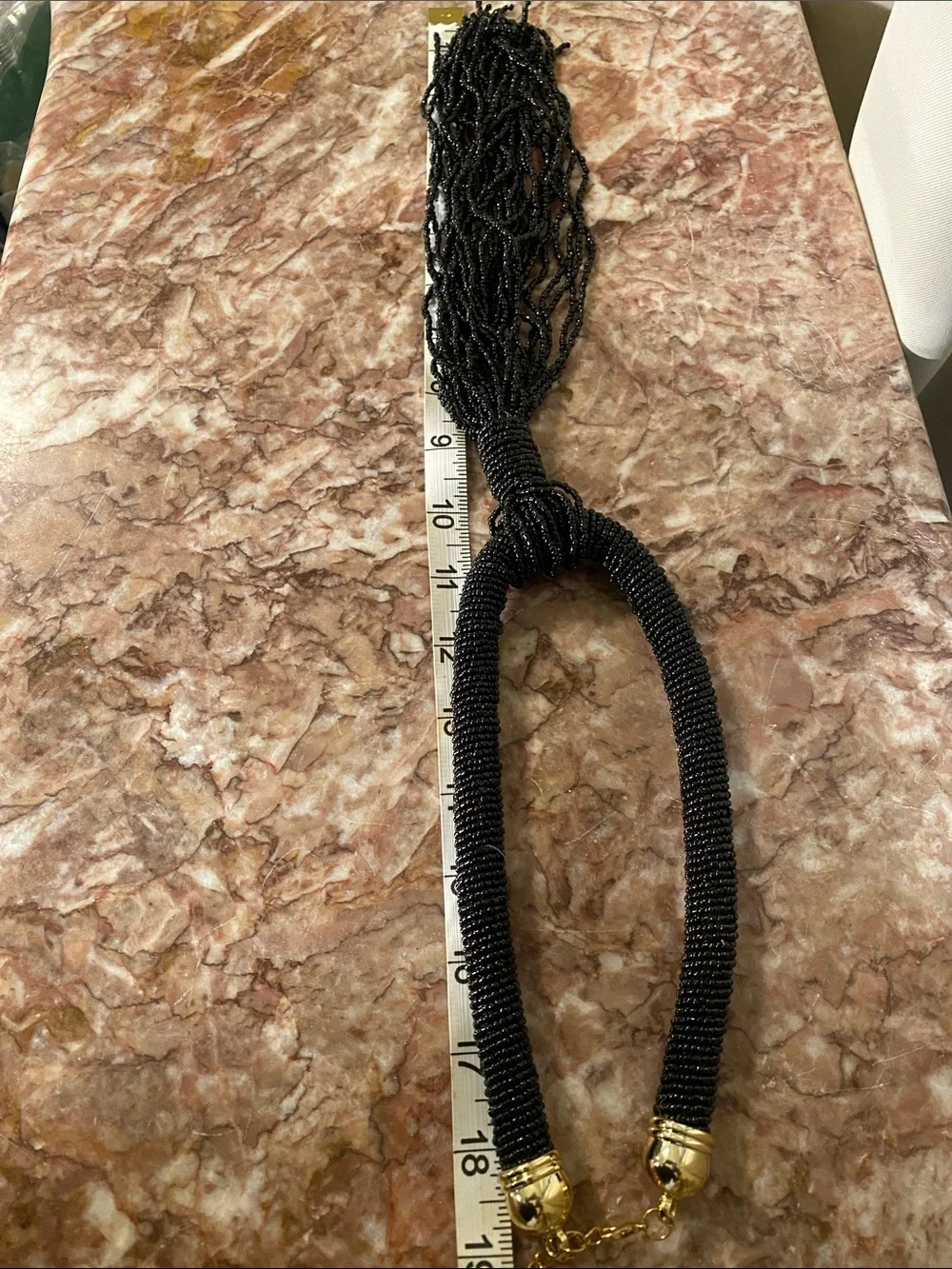 Black Beaded Tassel Statement Necklace Long Fringe Gold Tone